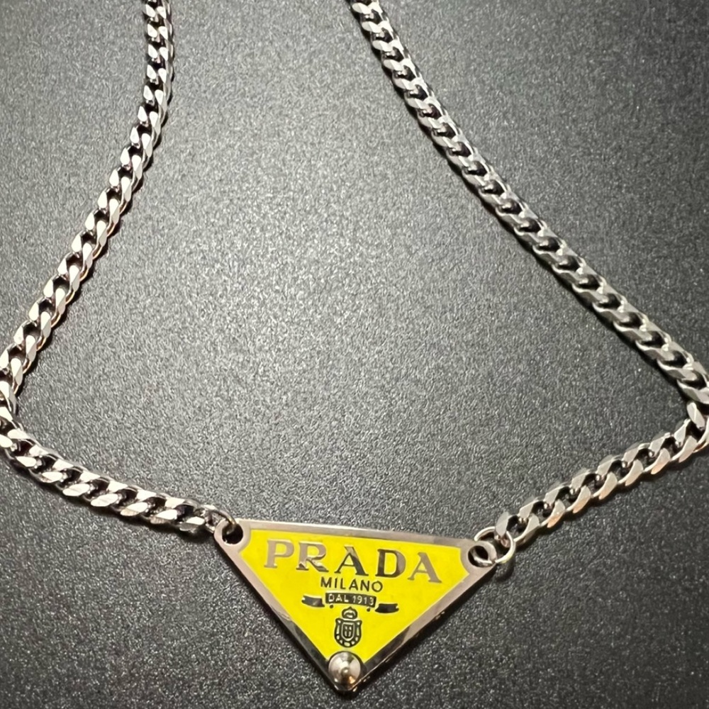 Prada Yellow Triangle Logo Pendant Necklace with Silver Chain